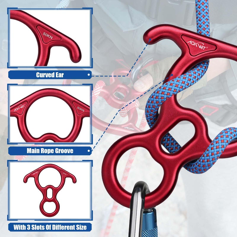 AOKWIT 50KN Rescue Figure  8 Descender Large Bent-Ear Belaying and Rappelling Gear Belay Device Climbing for Rock Climbing Peak Rescue 7075 Aluminum Alloy (Red) - Image 5